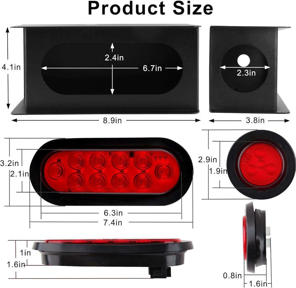 2Pcs Steel Trailer Light Housing Kit w/6' Oval LED Tail Lights & 2' Round Side Markers, Red, 10+4 LED, with Grommets & Connector