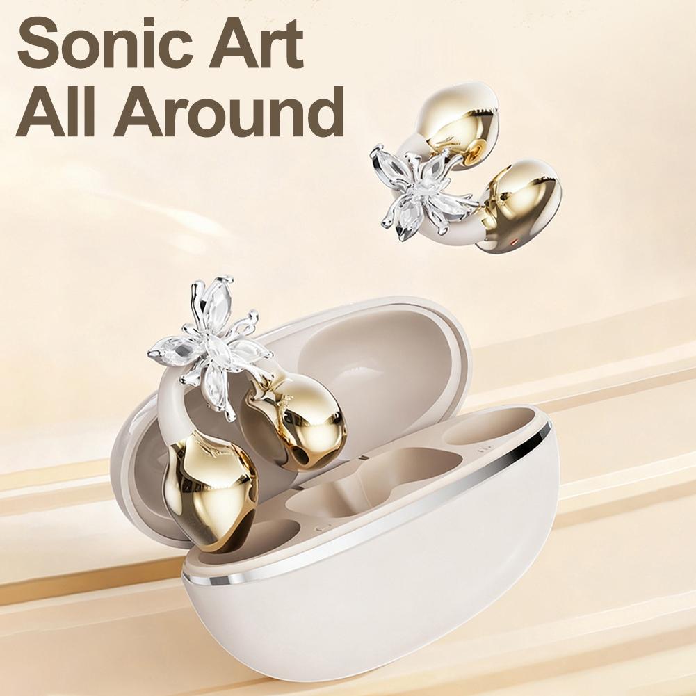 Sports Bluetooth 5.4 Headphones Wireless Ear-clip Earbuds Intelligent Noise Cancellation Earphones Butterfly Diamond Buckle Decor