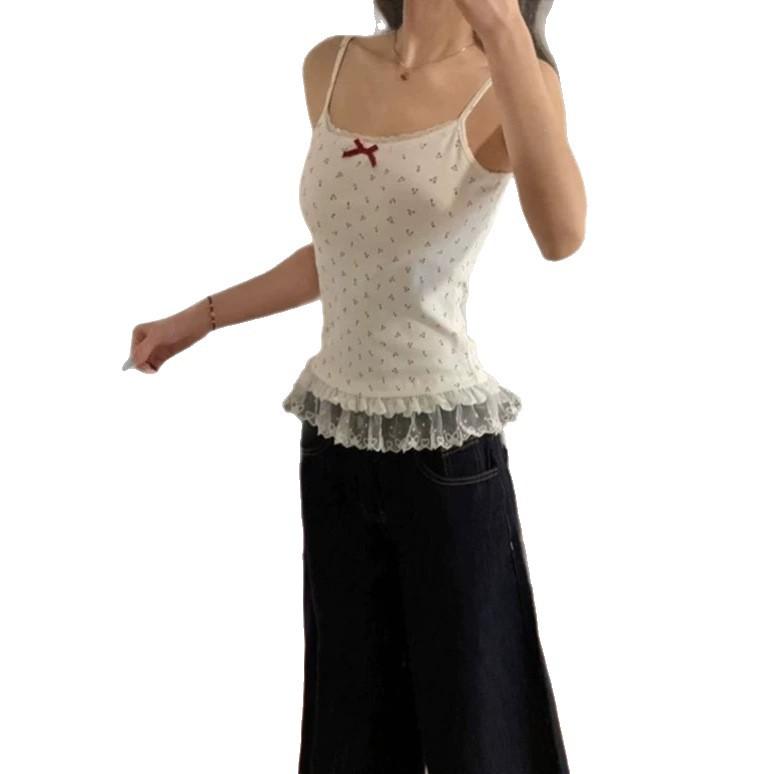 Gentle Wind Bow Lace Suspender Vest Women's Summer New Slim Lace Hem Top