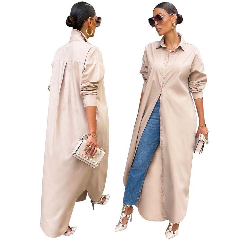 

European and American Women clothes Casual Spring New Solid Shirt Long Sweater Outerwear Solid Color Shirt Jacket Khaki S