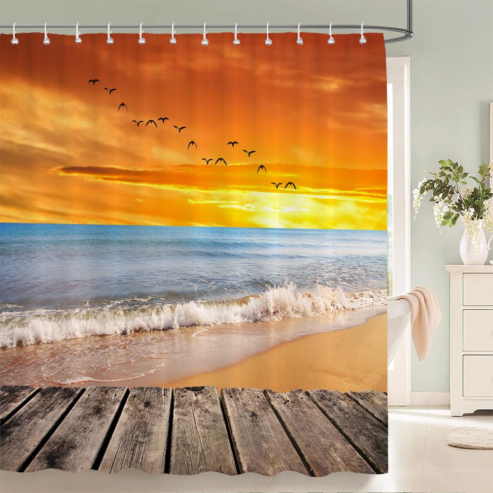 Bathroom Waterproof Shower Curtain Sunset Dusk Beach Scenery Seaside Printing Polyester Home Decoration Curtain With Hook