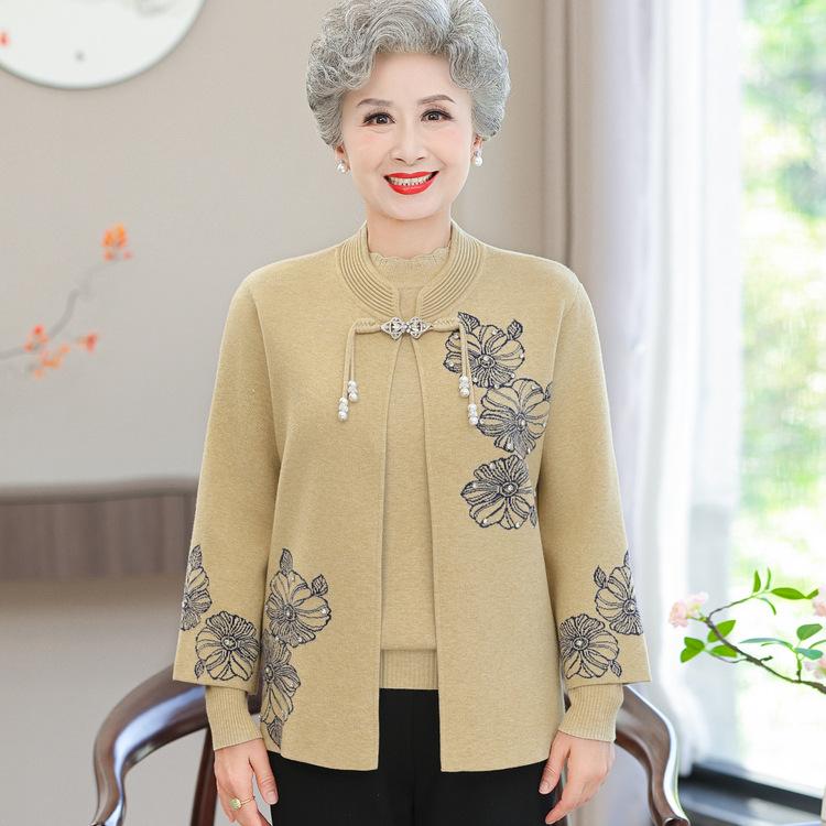Grandma's New Coat Embroidered Top Mom Autumn Outfit Middle-aged and Elderly Tang Outfit Two-piece Cardigan Long Sleeve