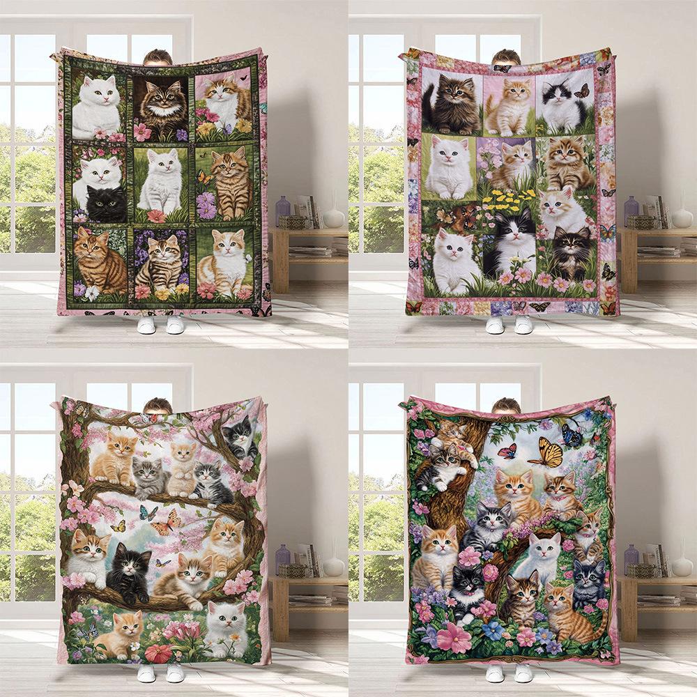 Vintage Pet Cat Digital-printed Polyester Bedroom Velvet Flannel Soft Sofa Cover Blanket Fleece Soft Cover Blankets for Beds