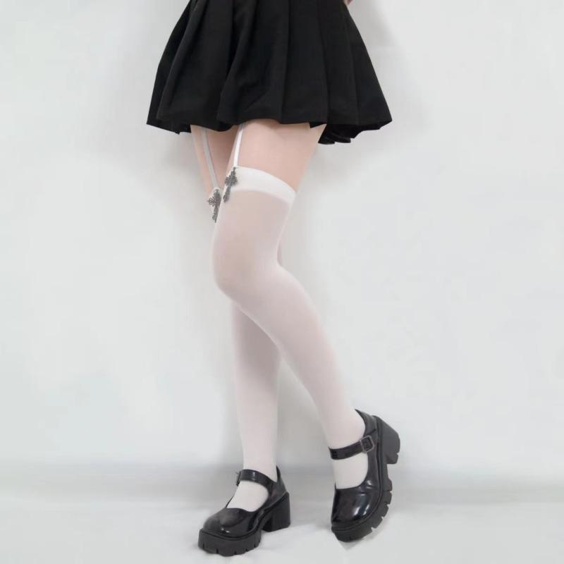 Personality Cross Decoration Women Suspender Socks Solid Color Thin Thigh High Lolita Anime Cosplay Gothic Over Knee Stockings
