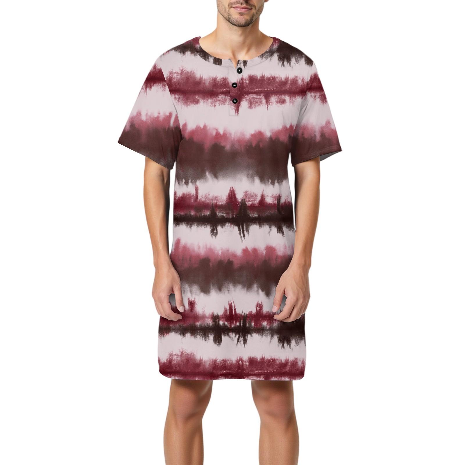 

Мужская мода Принтованная хлопковая пижама с коротким рукавом Воротник на пуговицах Длинная свободная домашняя одежда XXXL винный