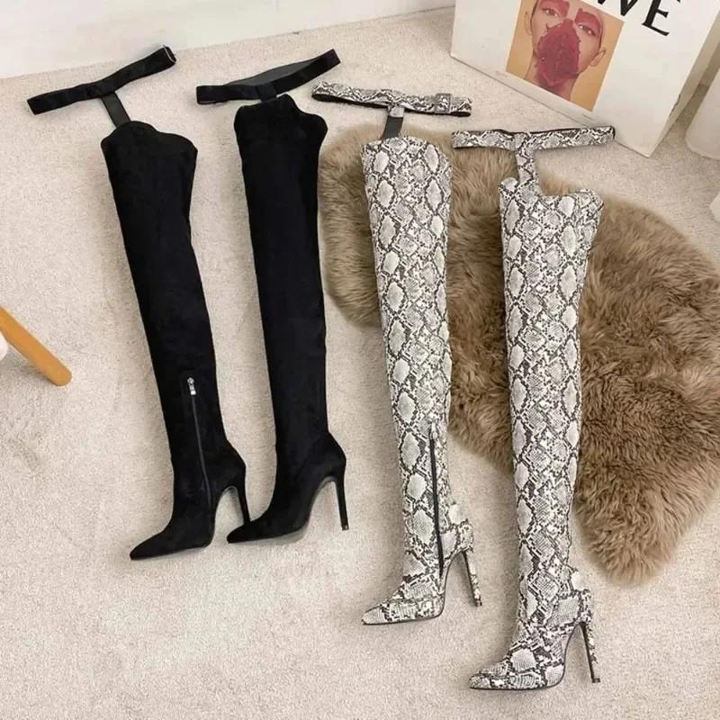Fashion Sexy/Club Long Thigh High Women Boots Genuine Leather Pointed Buckle Belt Thin High Heel Over-the-knee Jumpsuit Boot Shoe
