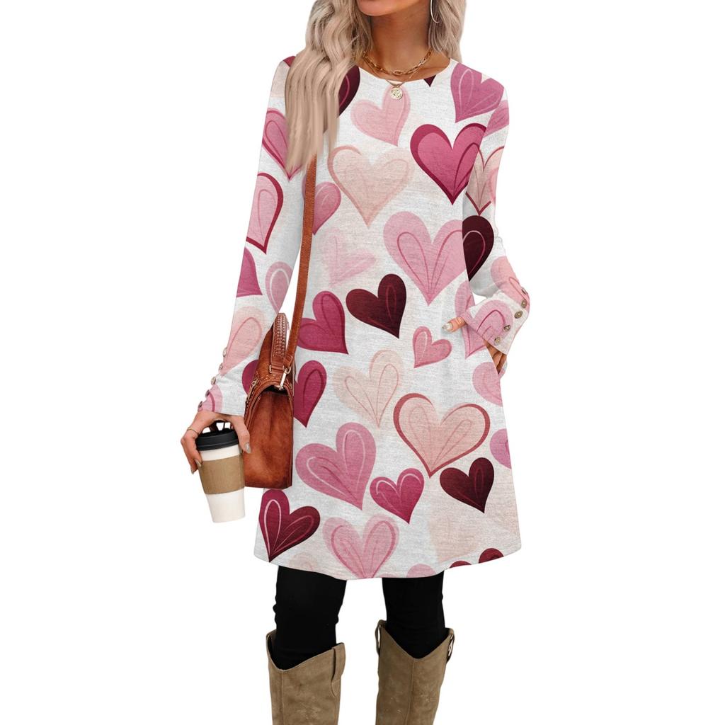 Women's Fashion Casual Pocket Decorative Button Dress Round Neck Long Sleeve Printed Dress