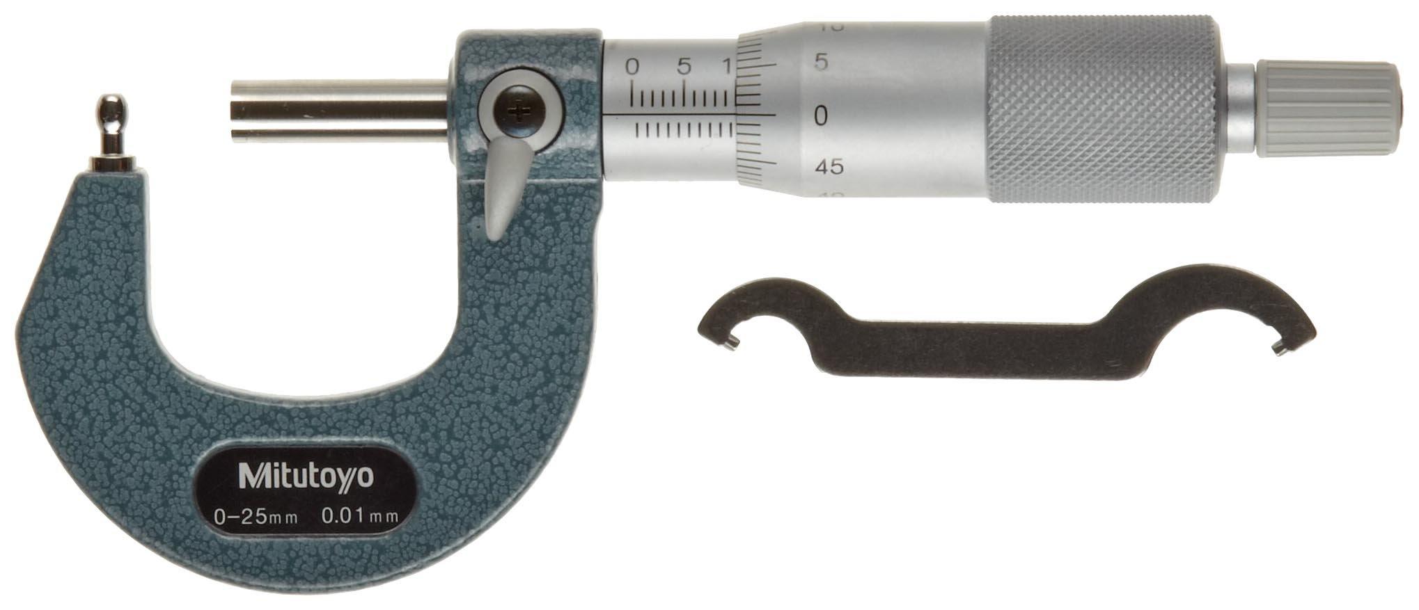 

Mitutoyo 115-308 Tube Micrometer, Cylindrical Anvil, Ratchet Stop, 0-25mm Range, 0.01mm Graduation, +/-0.003mm Accuracy, 3.6mm Dia. Spherical Tip