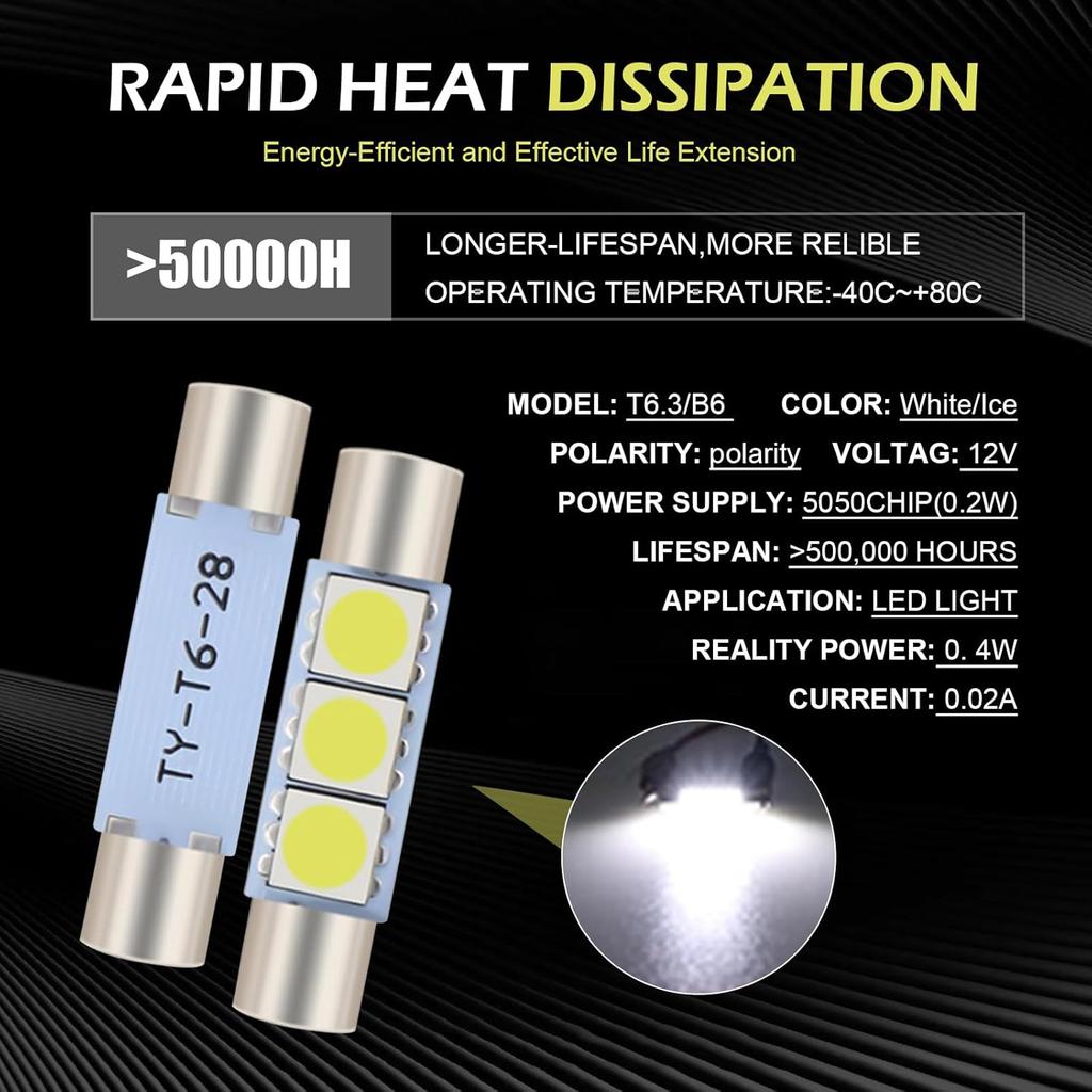 10 PCS Car T6 Vanity Mirror Sun Visor LED Light, 5050-3SMD 12V Flat Head Dual Tip 180 Degree Lighting Reading Lamp, Plug and Play Interior Lighting