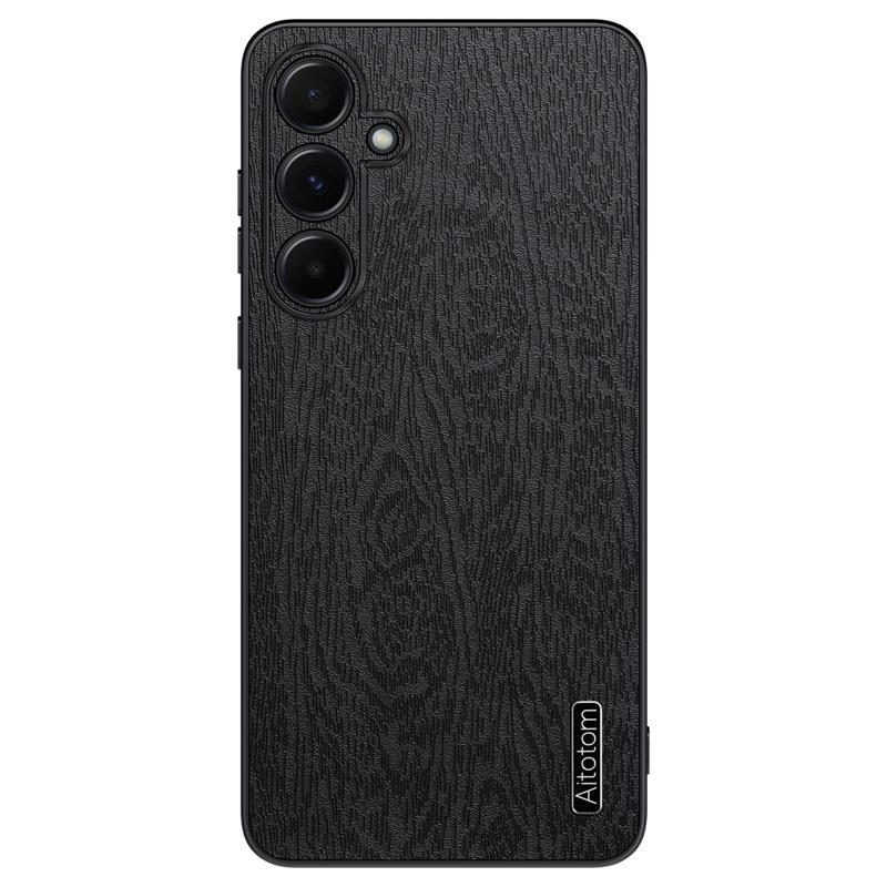 For Samsung Galaxy A55 5G Phone Case Wood Texture Leather Coated PC+TPU Anti-drop Cover