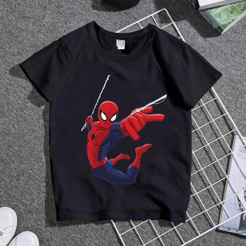 Summer Marvel Spider Unisex Cartoon Printed Tshirt Handsome Childrens Wear Pure Cotton Round Neck Personalized Parent Child Wear