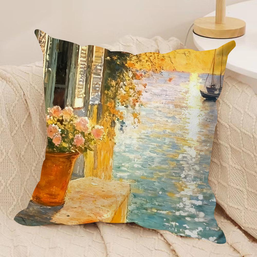 Warm Leisure Oil Painting Cushion Cover Silky Short Plush Invisible Zipper Dustproof Sofa Pillow Case For Home Decor