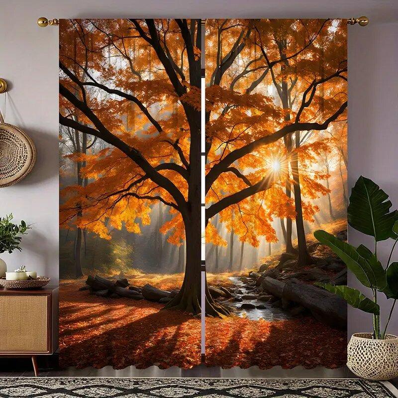 2pcs - Autumn forest pattern printed curtains   window decorations   home decorations   room decorations