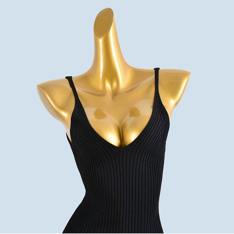 Export Cut Label Double V Neck Low Cut Knitting Sling Dress Summer and Autumn Sunken Stripe Silm Slimming Office Lady Skirt Vest Dress