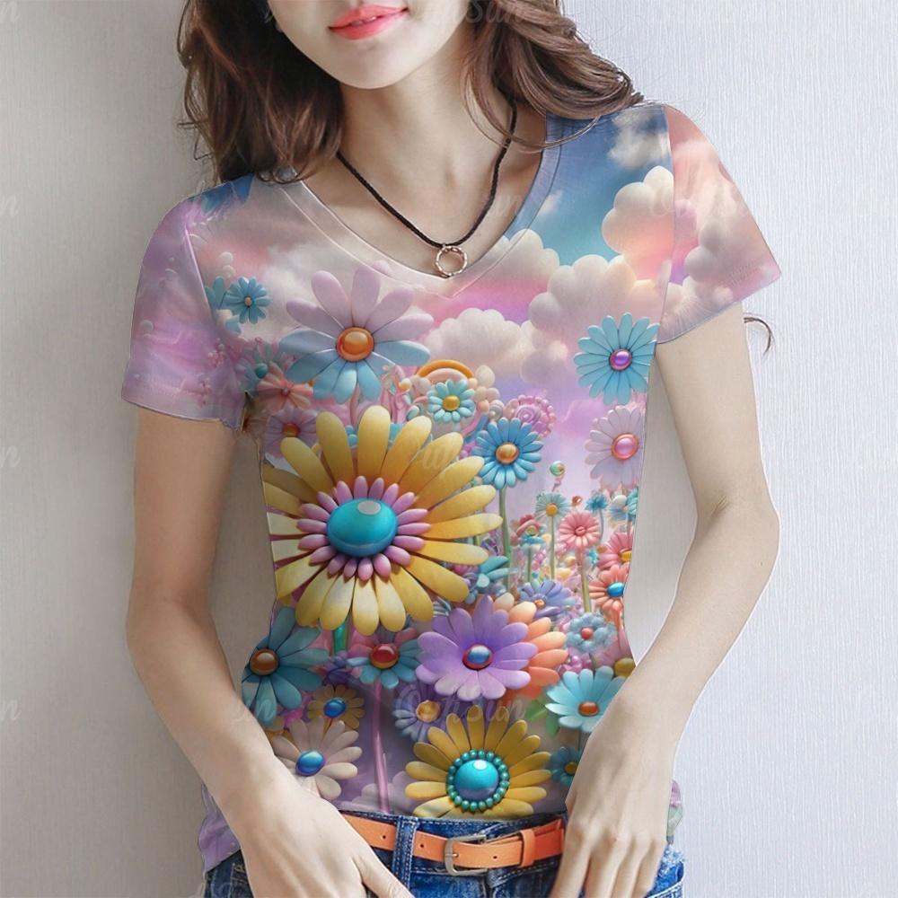 Floral Pattern Women s T-Shirt V-Neck Streetwear Harajuku Casual Short Sleeve Tops Summer Fashion Floral Print Woman Clothing S