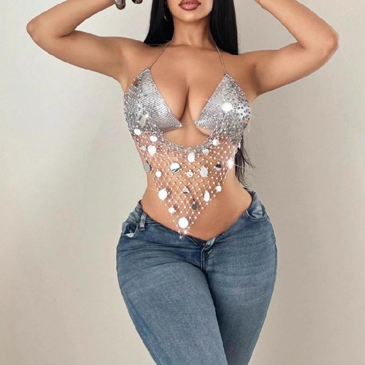Womens Fishnet Rhinestones Shirt Halter Neck Sequins Bra Body Chain Jewelry Camisole Festival Partywear Glitter Club Top
