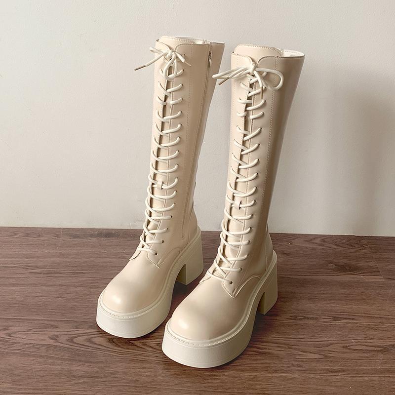 Модный зимний дизайн Платформа Квадратные каблуки Женские ботфорты до колена Уличный стиль Увеличение роста Стройнящие женские ботильоны в рыцарском стиле
