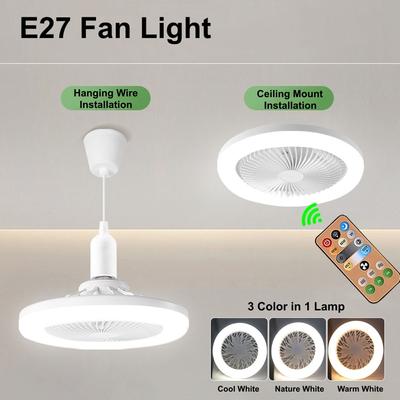 Ventilateur de plafond LED AC85-265V E27 avec télécommande, lampe à intensité variable, 3 vitesses, pour salle de bain, bureau, cuisine, salle à manger