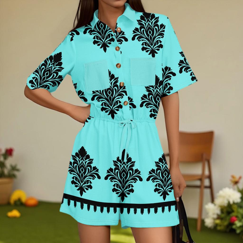 Women's Fashion V-neck Jumpsuit Plaid Casual Short Sleeve Top Jumpsuit