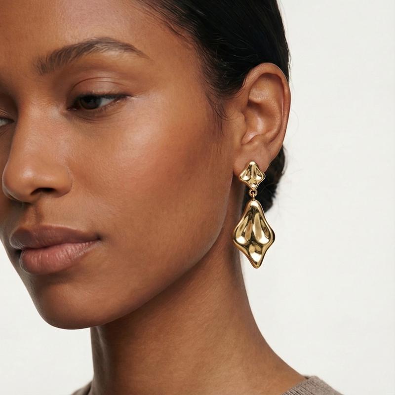 Original 925 Sterling Silver Golden Irregular Rhombus Pendant Stud Earrings For Women OL Style Jewelry Gift