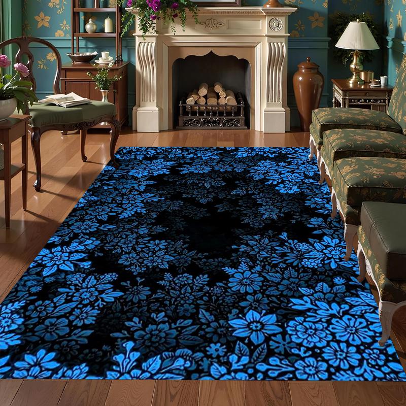 Black Blue Floral Area Rug Intricate Botanical Pattern Non-Slip Stain Resistant Carpet for Living Room Bedroom Entryway