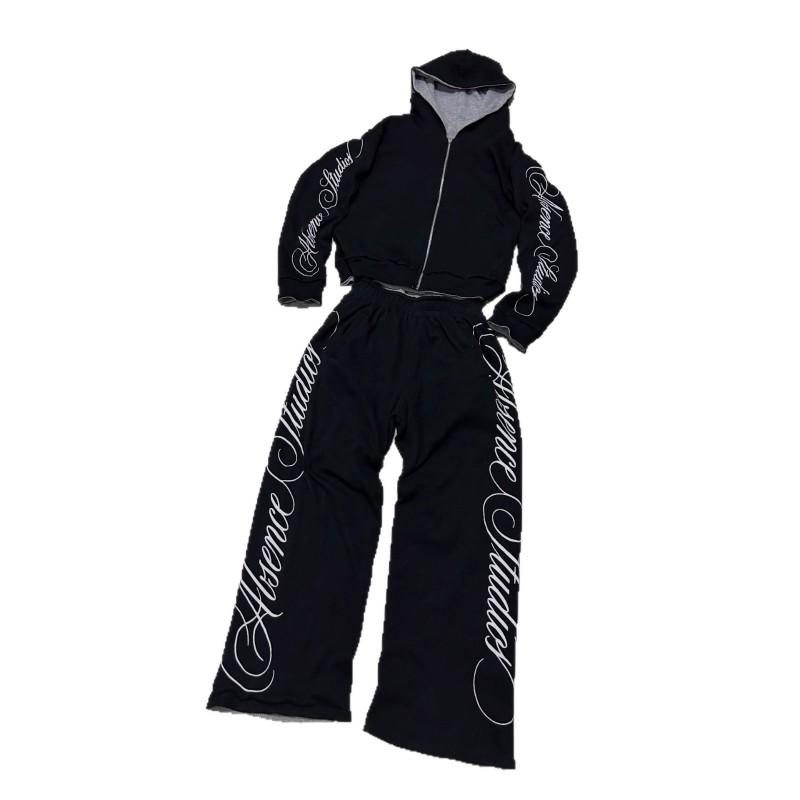 Unisex Oversized Hooded Zip-Up Sweatshirt Pants Set With Letter Print Streetwear