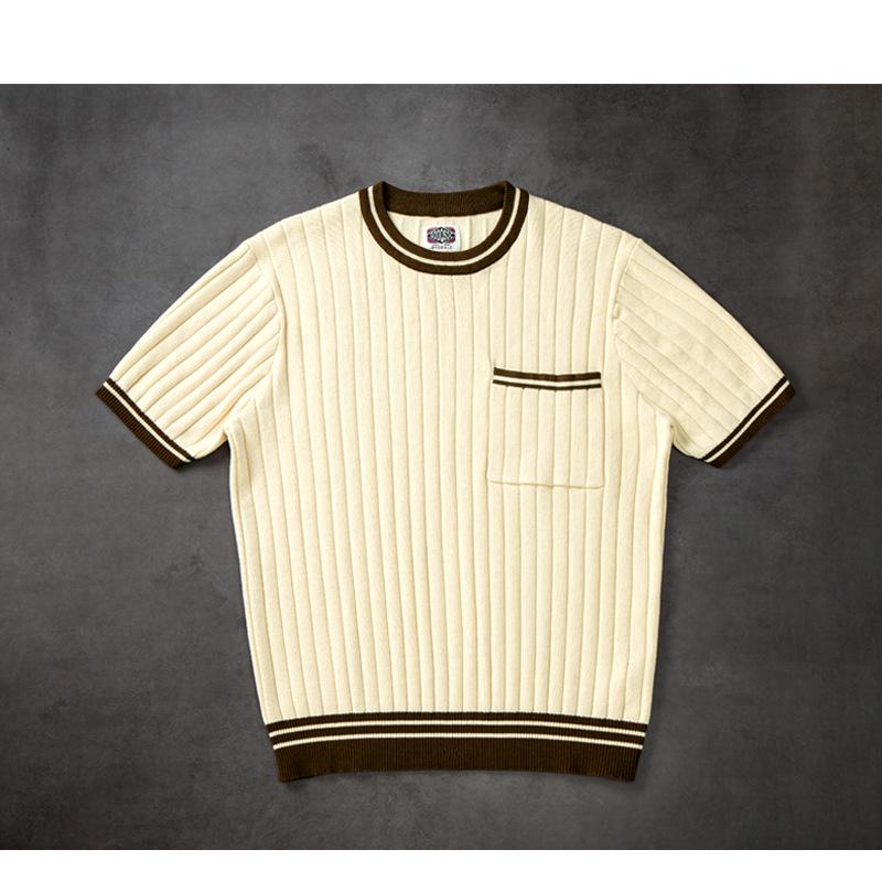 

American Retro Men s Short Sleeve Color Block Knit T-shirt - Pure Cotton, Crew Neck, with Pocket XXL