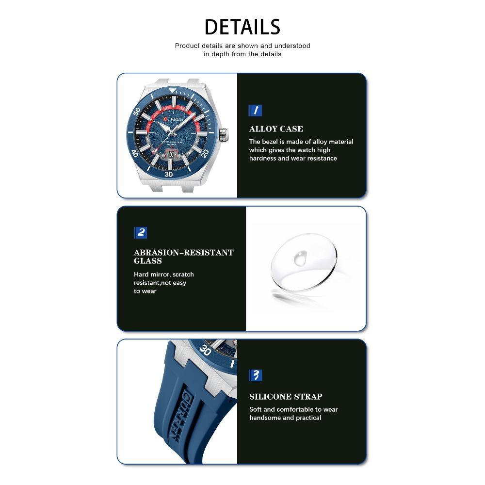 CURREN Men's Quartz Watch Fashion Date Display Luminous Waterproof Silicone Strap Sports Wristwatch