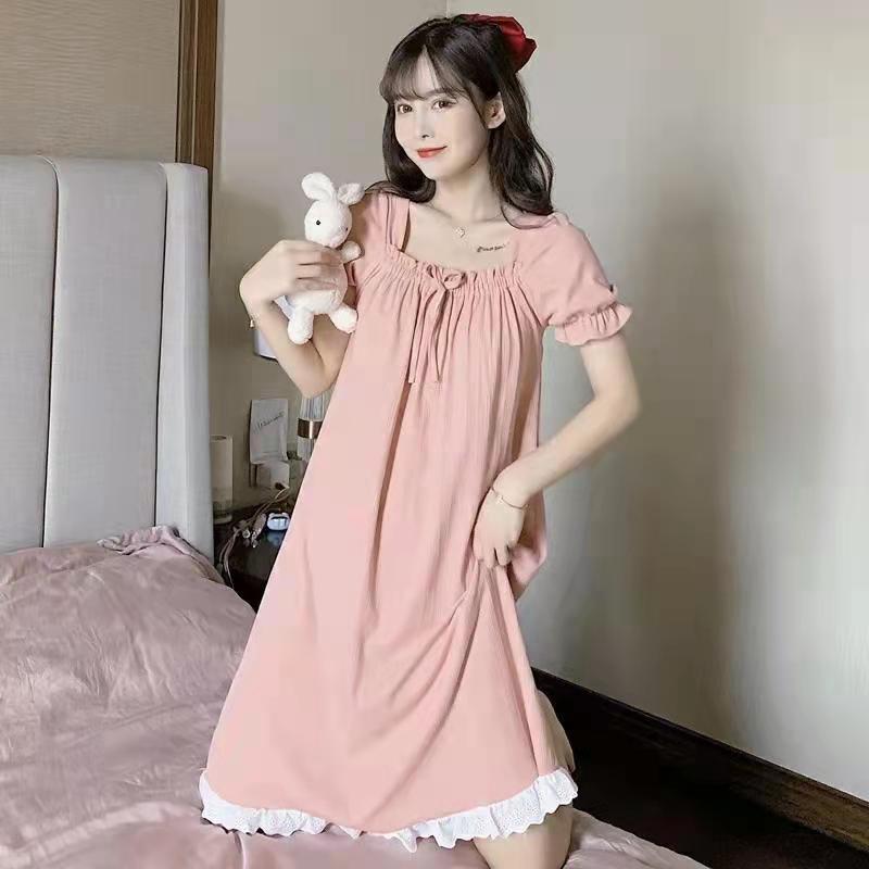 Women's Summer Off-the-Shoulder Solid-Color Short-Sleeve Nightgown: Princess-Style Lace-Trimmed Loose-Fitting Dress