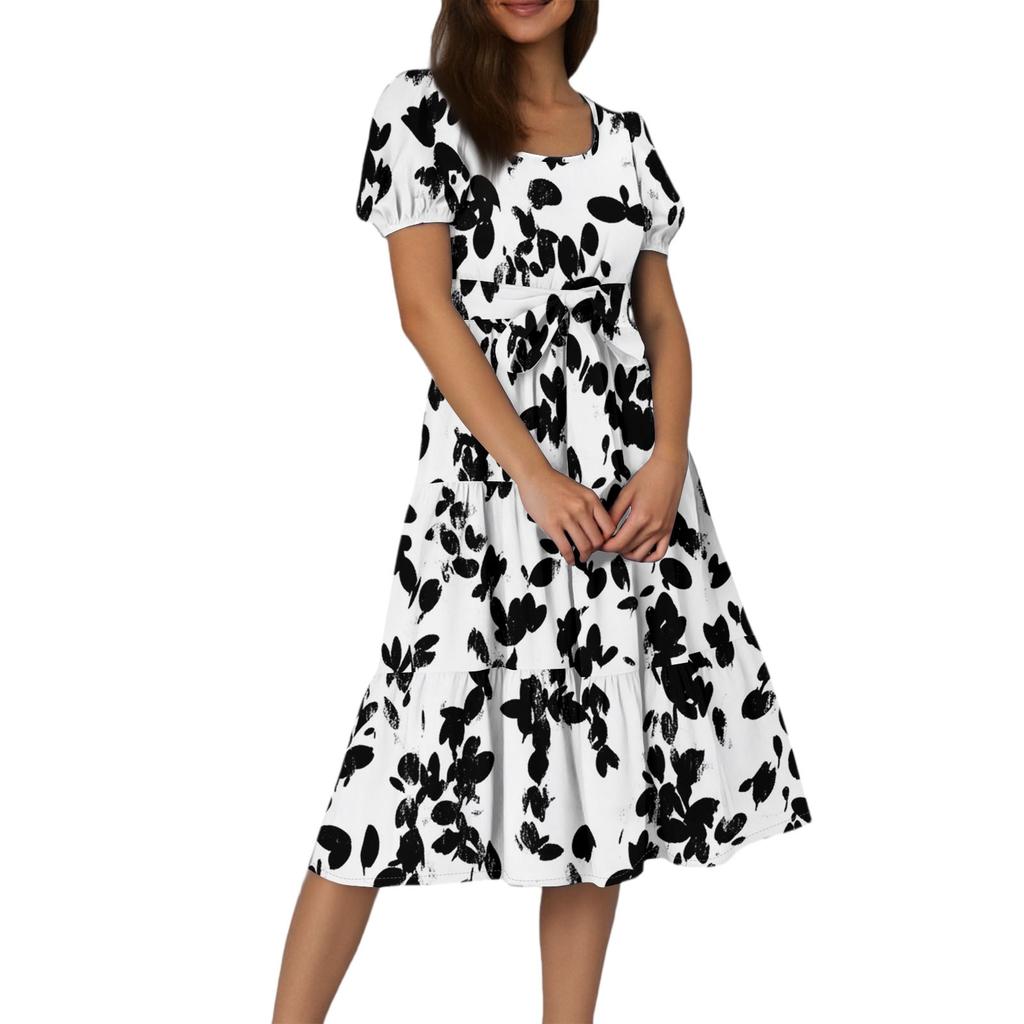 Women's Summer Floral Print Short Sleeves Neck Waistband Bohemian Flowy Maxi Dress With Pockets
