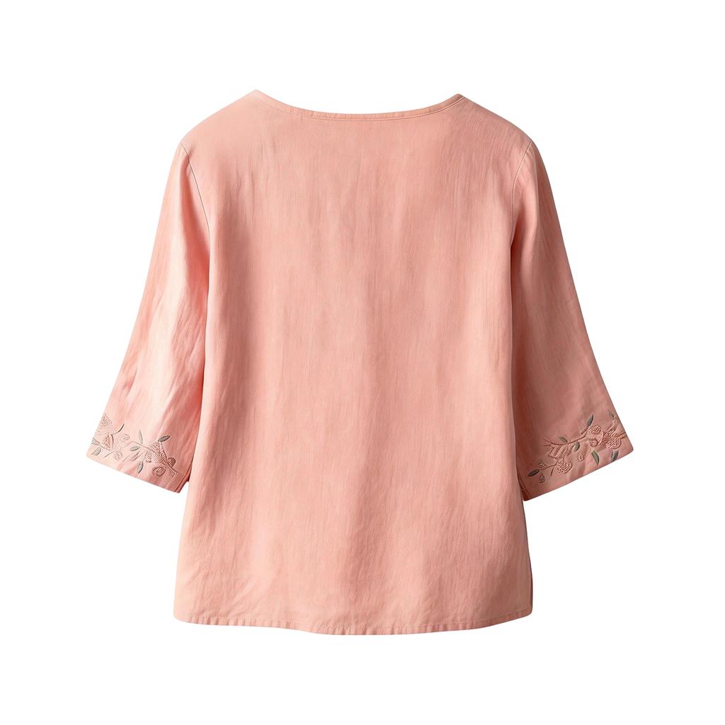 Damen Baumwolle Leinen Farbe 3/4 Ärmel Hemd Rundhals Locker Bluse Pullover Top