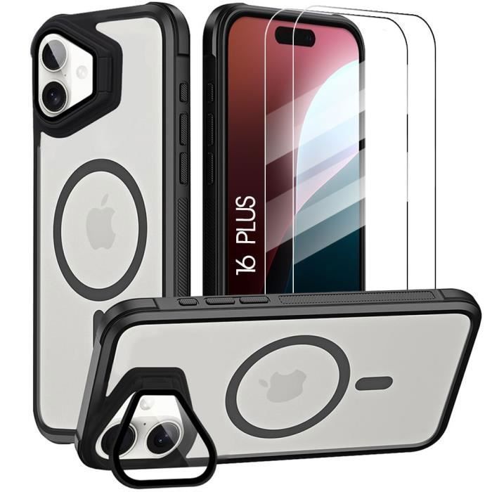 Coque de protection pour iphone 16 plus - booling - noir - cercle magnétique - 2 verres trempés