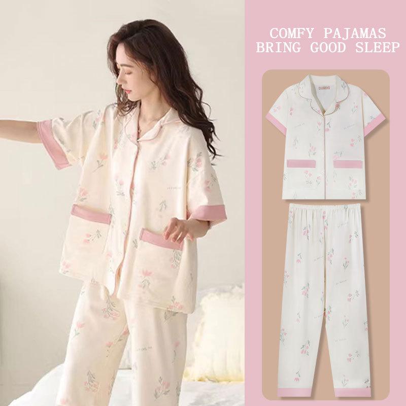Pajamas Female Cute Sweet Pink Flower Summer Cardigan Short Sleeve Trousers Fashion Versatile Loungewear