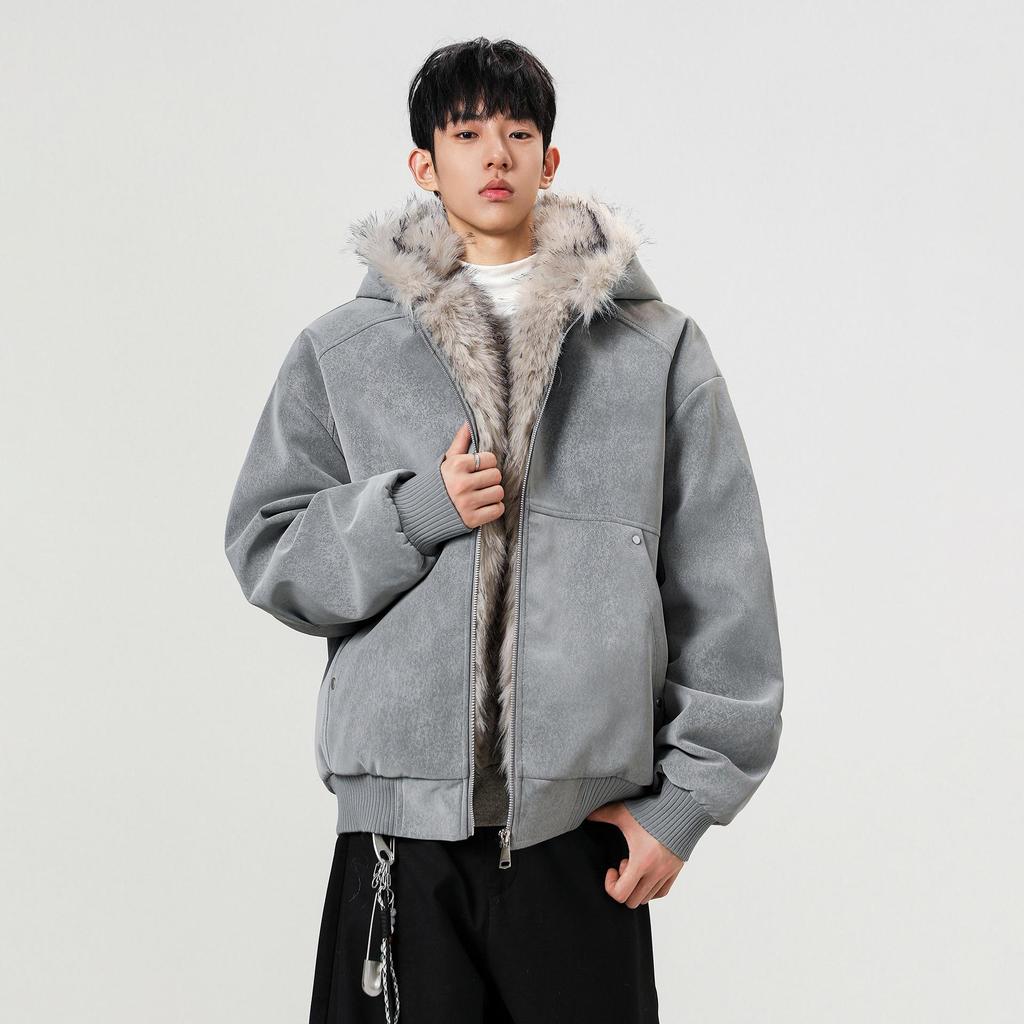 Unisex Winter Hooded Cotton Coat with Sable Collar, Thickened and Velvet-Lined for Warmth and Cold Protection