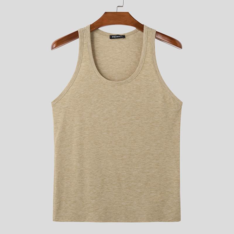 

INCERUN Summer Men U Neck Sleeveless Racerback Fitted Tank Tops Gym Sport T-shirts XL хаки