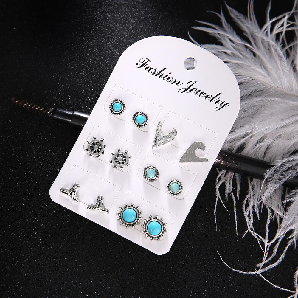 Fashion Bohemian Mermaid Rudder Turquoise Stud Earrings 6-Piece Set