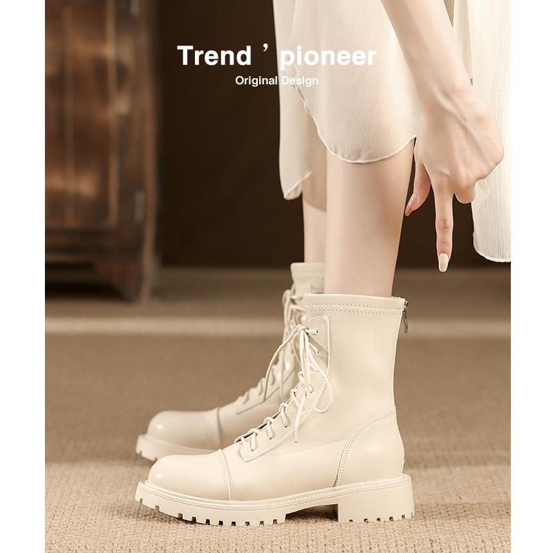 White Martin Boots Autumn Women's Single Boots New Thin Boots Women's Medium Boots Thick-soled Short Boots