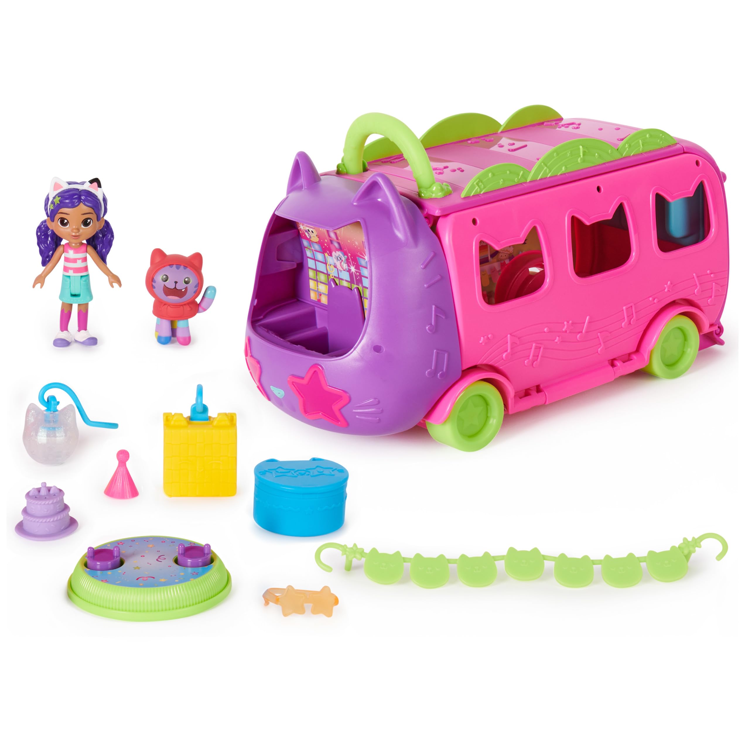 

Игровой набор «Праздничный автобус для вечеринок в кукольном домике» с фигурками Габби, диджея Котнипа и аксессуарами для кукольного домика для детей от 3 лет и старше Gabby s &