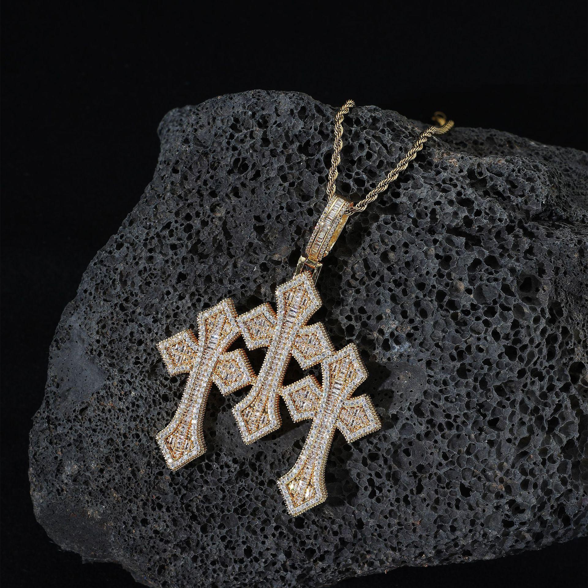 European and American Trend Cross Splicing Pendant, Copper Inlaid Zircon Necklace, Trendy Men s Full Diamond Hip-hop Style Accessory