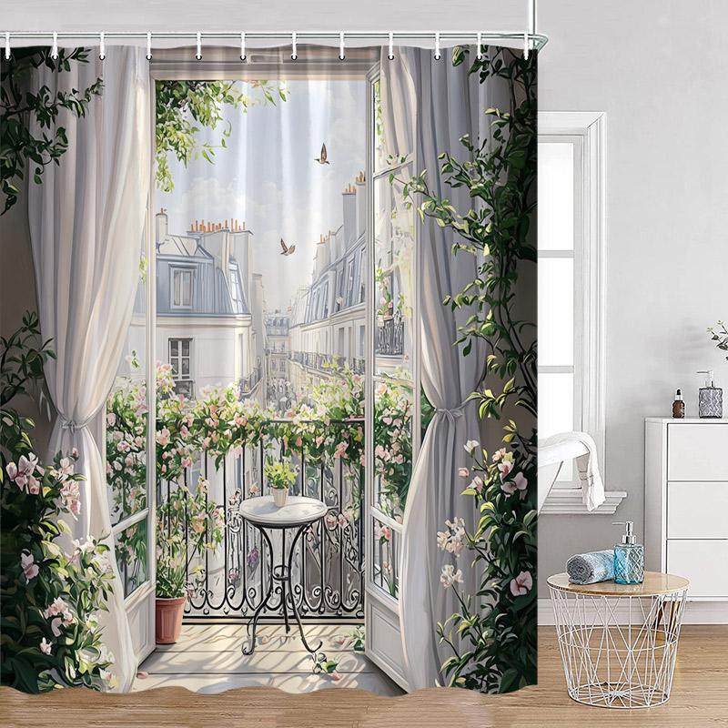 Hand-painted Street View Shower Curtains European Garden Cafe Green Plants Flowers Greenery Bathroom Decor Modern Bath Curtain