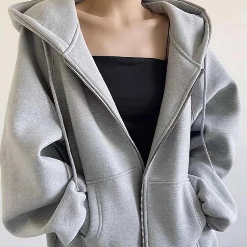 

Осень Зима Новая Мода Длинный Рукав Однотонные Толстовки Кардиган Женская Одежда Карманы на Молнии Кулиска Свободные Топы XXL светло-серый