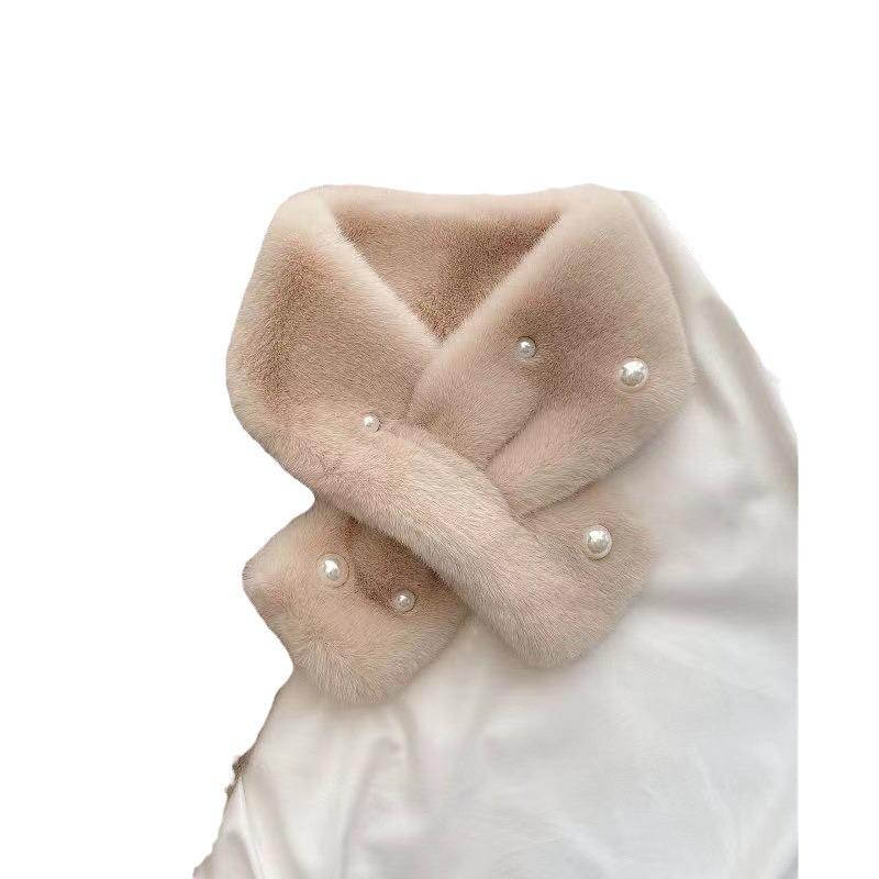 Women's Korean Style Imitation Rex Rabbit Fur Scarf - Versatile Autumn & Winter Thick Warm Pearl Cross Neck Warmer.