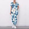 Women Plus Size Floral Printed Nurse Scrub Set V Neck Short Sleeve Pocket Top Long Pants