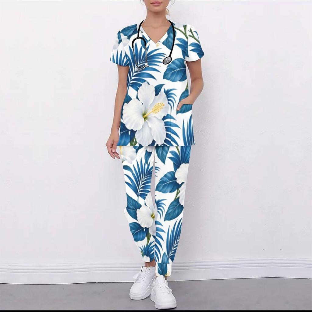 Women Plus Size Floral Printed Nurse Scrub Set V Neck Short Sleeve Pocket Top Long Pants