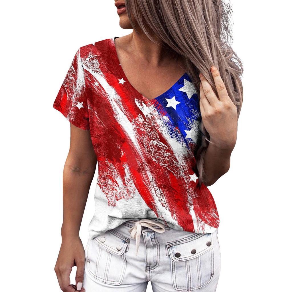 Summer Women Floral Print V Neck Short Sleeve Loose 3D T Shirt