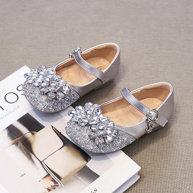 Girls small leather shoes silver princess shoes 2025 new spring children's shoes soft sole women's treasure crystal shoes Elsa