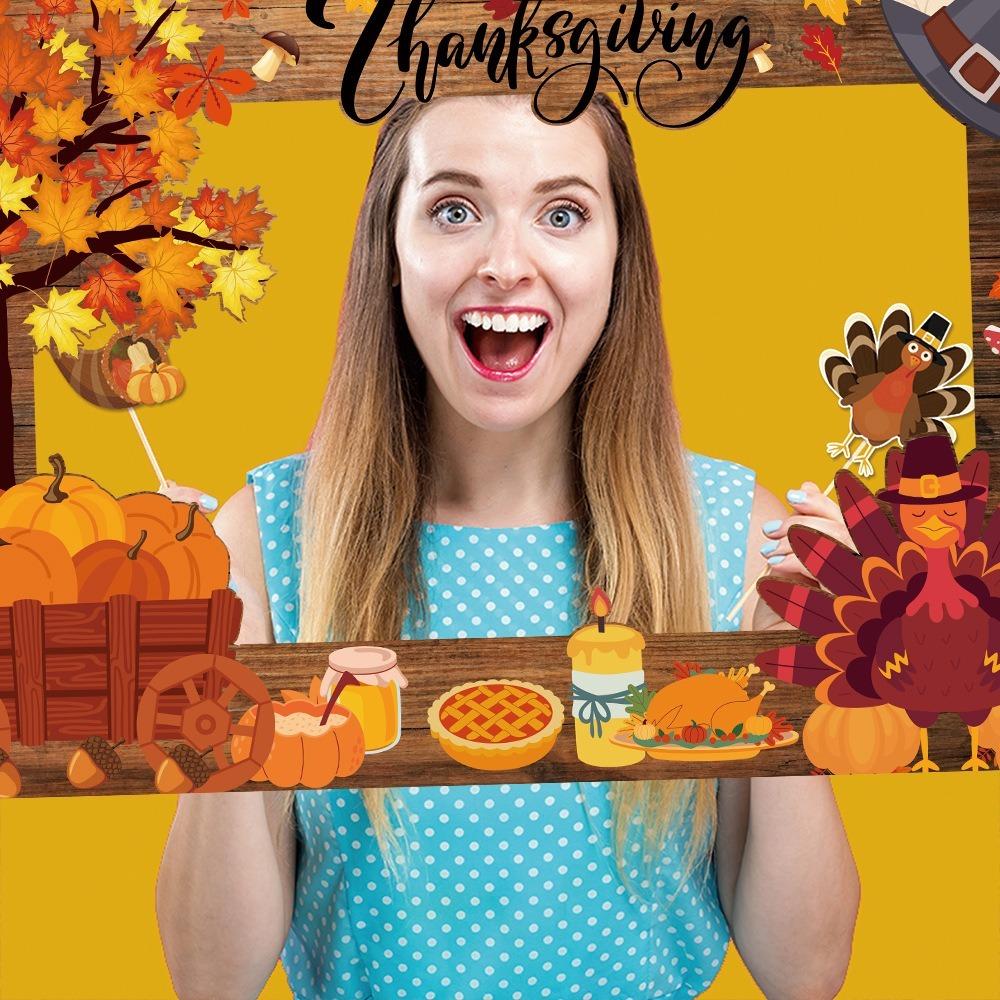 21pcs Cartoon Party Paper Frame Mask Handheld Frame Prop Thanksgiving Day