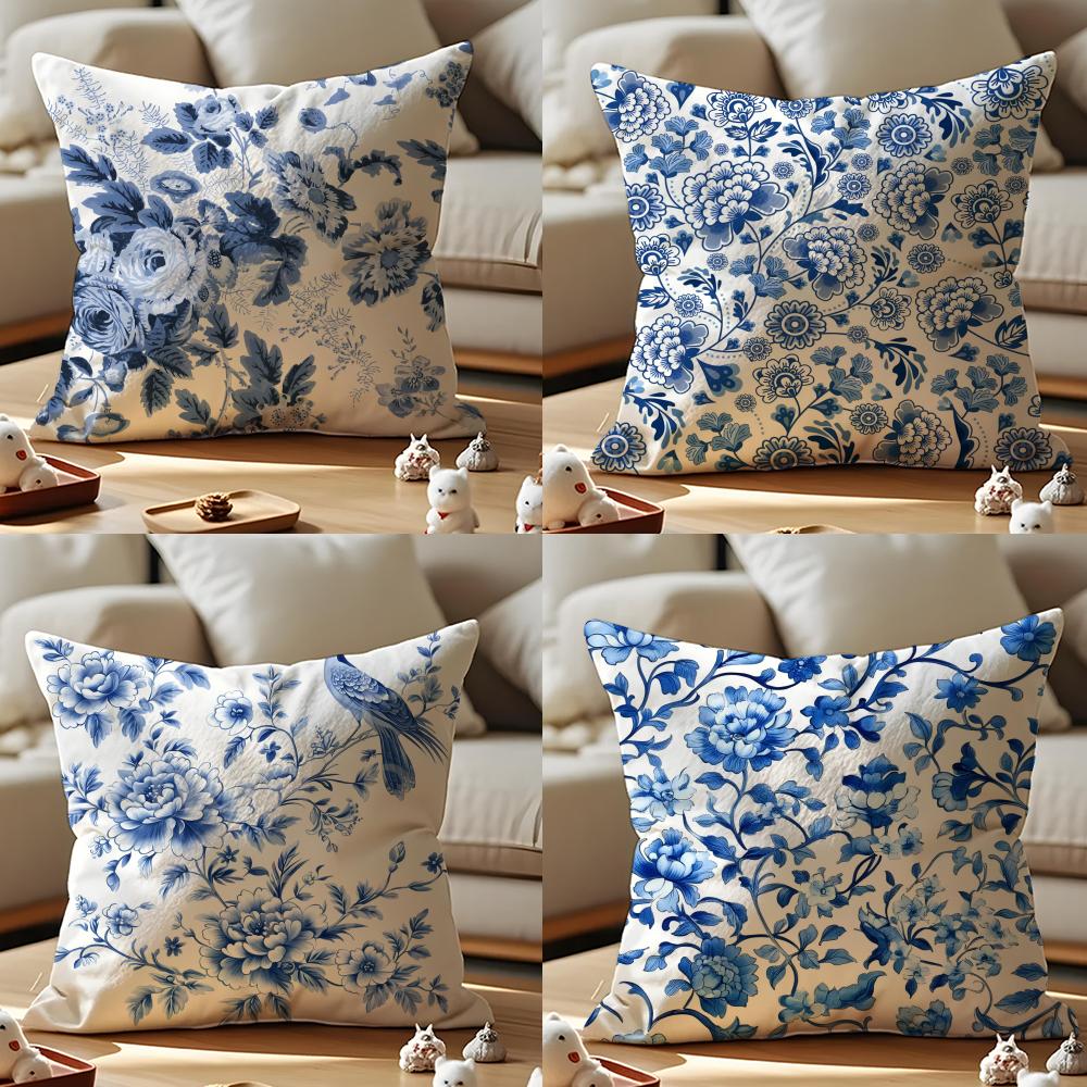 Oriental Blue And White Porcelain Cushion Cover Anti-dustmite Pillowcase Invisible Zipper Silky Short Plush Sofa Cushion Cover