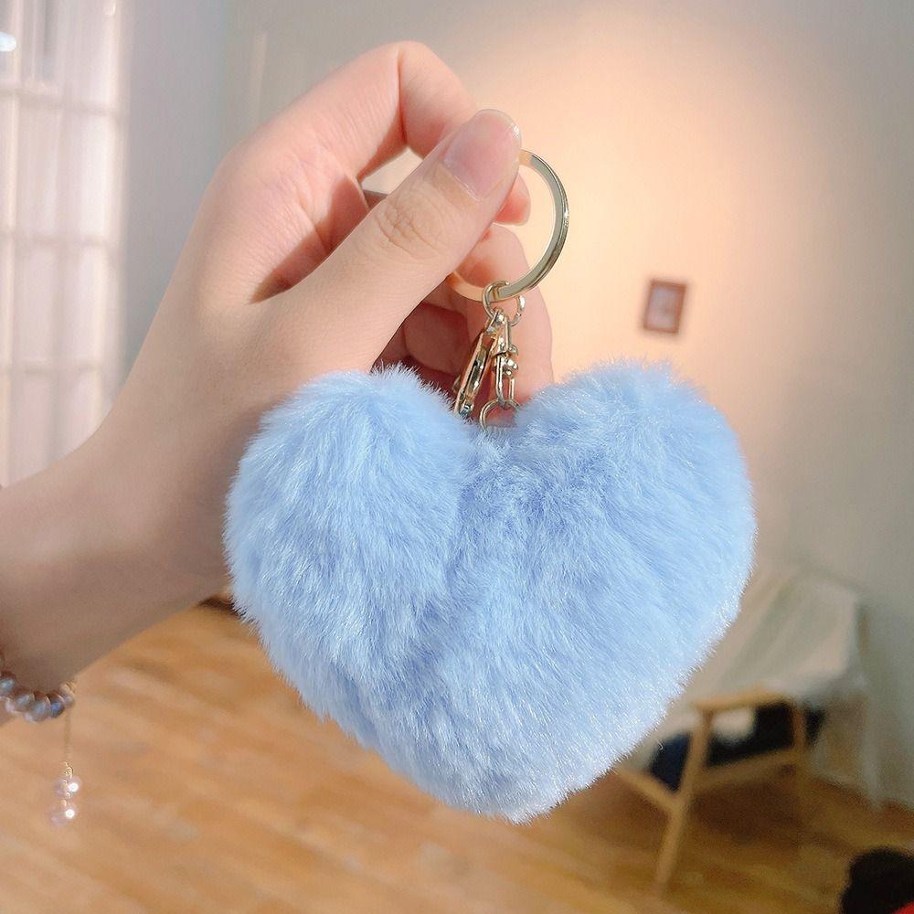 Love Heart Plush Bag Pendant Fluffy Ball Car Key Ring Imitation Rabbit Fur Solid Color Key Chain Bag Accessories