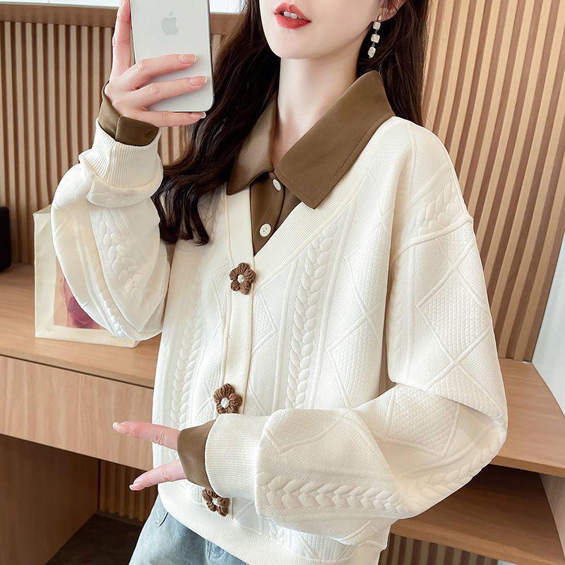 

Women s Spring/Autumn 2025 Loose-Fit Irregular Color Block Sweatshirt with Petite Design Collar M (suggested 80-105 jin) абрикосовый
